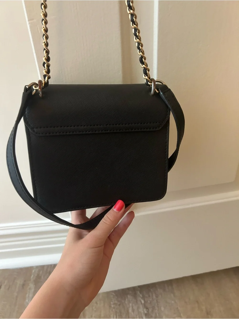 Tory Burch Black Leather Crossbody with Gold Logo Chain